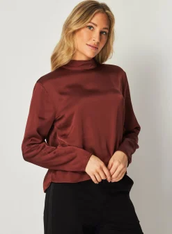 Bella Dahl Mock Neck Button Back Top - Brandy Wine- Long Sleeve