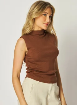 Bella Dahl Mock Neck Linen Jersey Top - French Espresso- Sleeveless