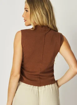 Bella Dahl Mock Neck Linen Jersey Top - French Espresso- Sleeveless