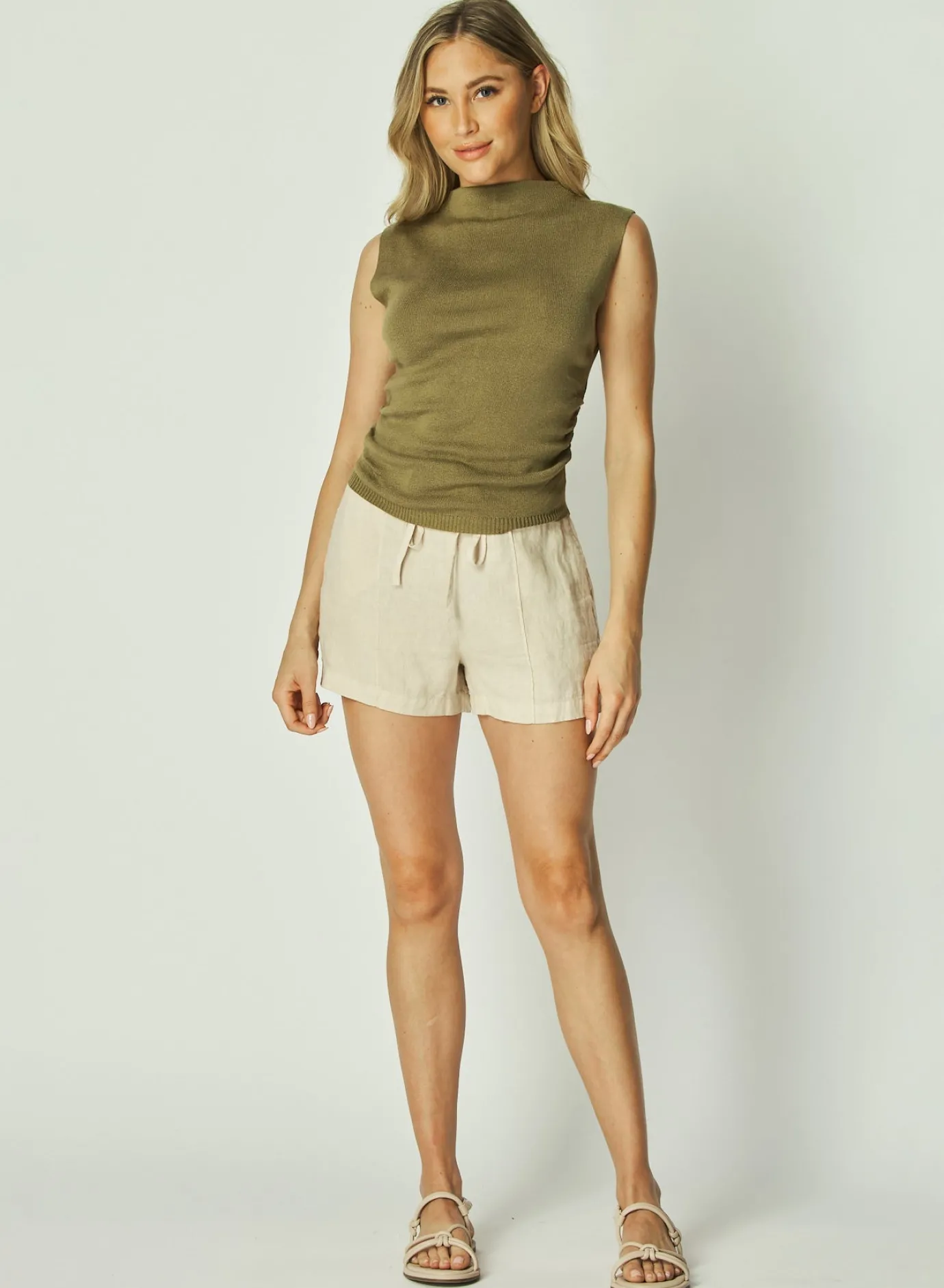 Bella Dahl Mock Neck Linen Jersey Top - Dried Herb- Sleeveless
