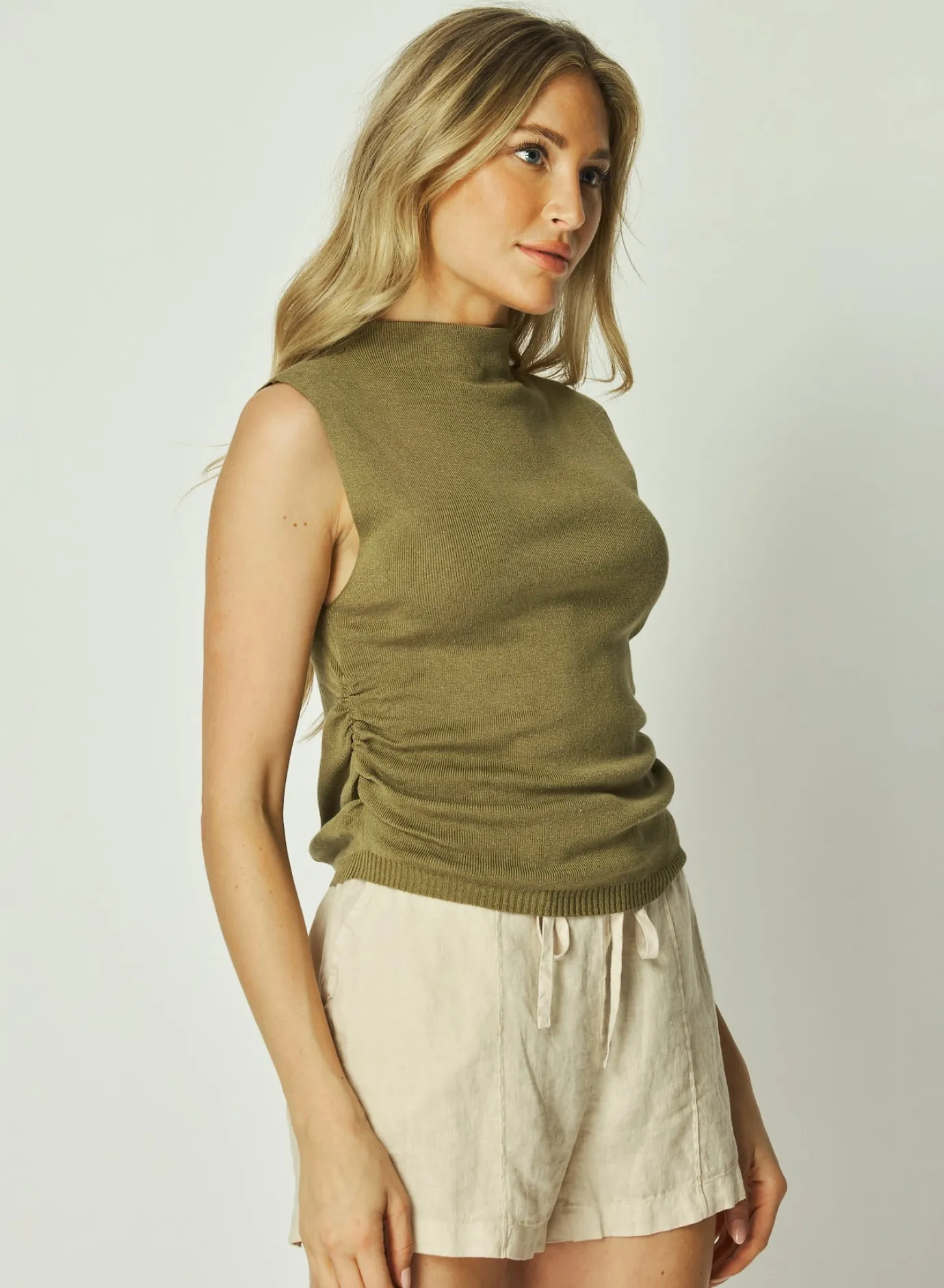 Bella Dahl Mock Neck Linen Jersey Top - Dried Herb- Sleeveless