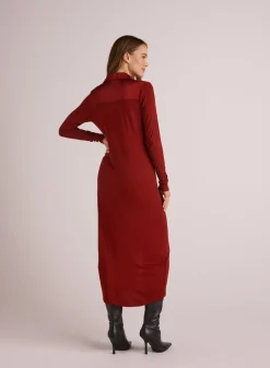 Bella Dahl Rib Button Down Shirt Dress - Rustic Red- Long Dresses
