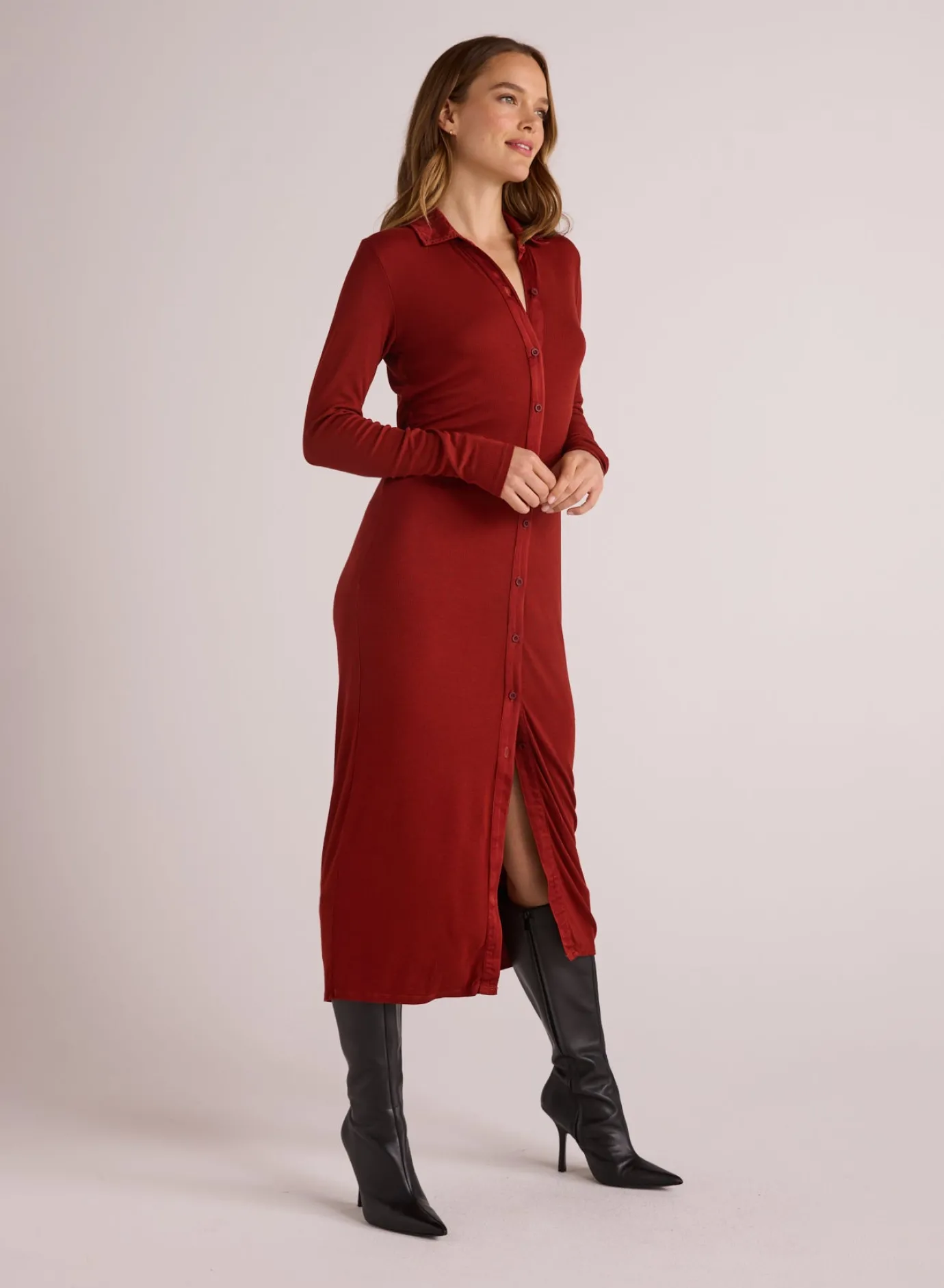 Bella Dahl Rib Button Down Shirt Dress - Rustic Red- Long Dresses