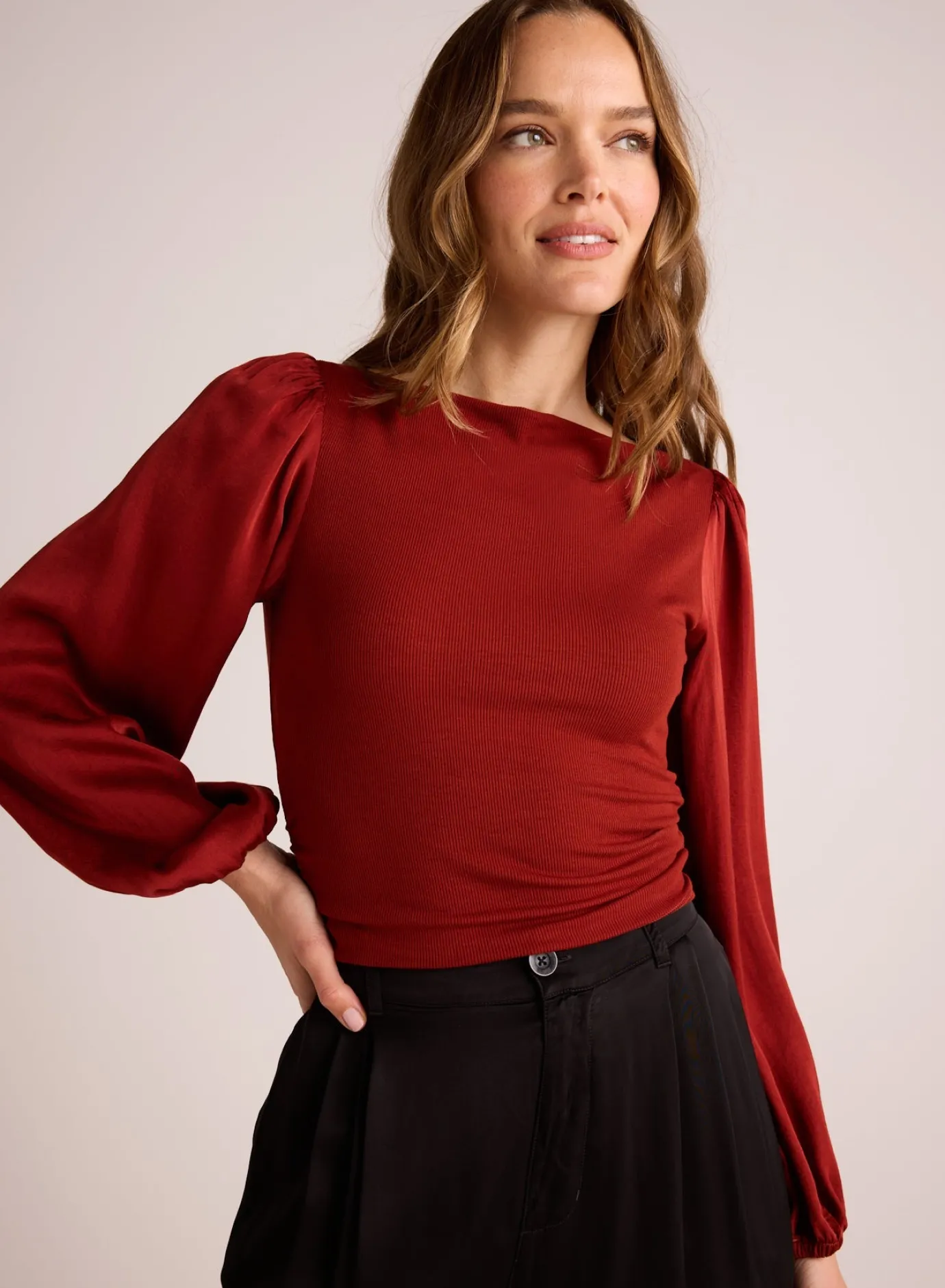 Bella Dahl Ruched Waist Flowy Sleeve Top - Rustic Red- Long Sleeve