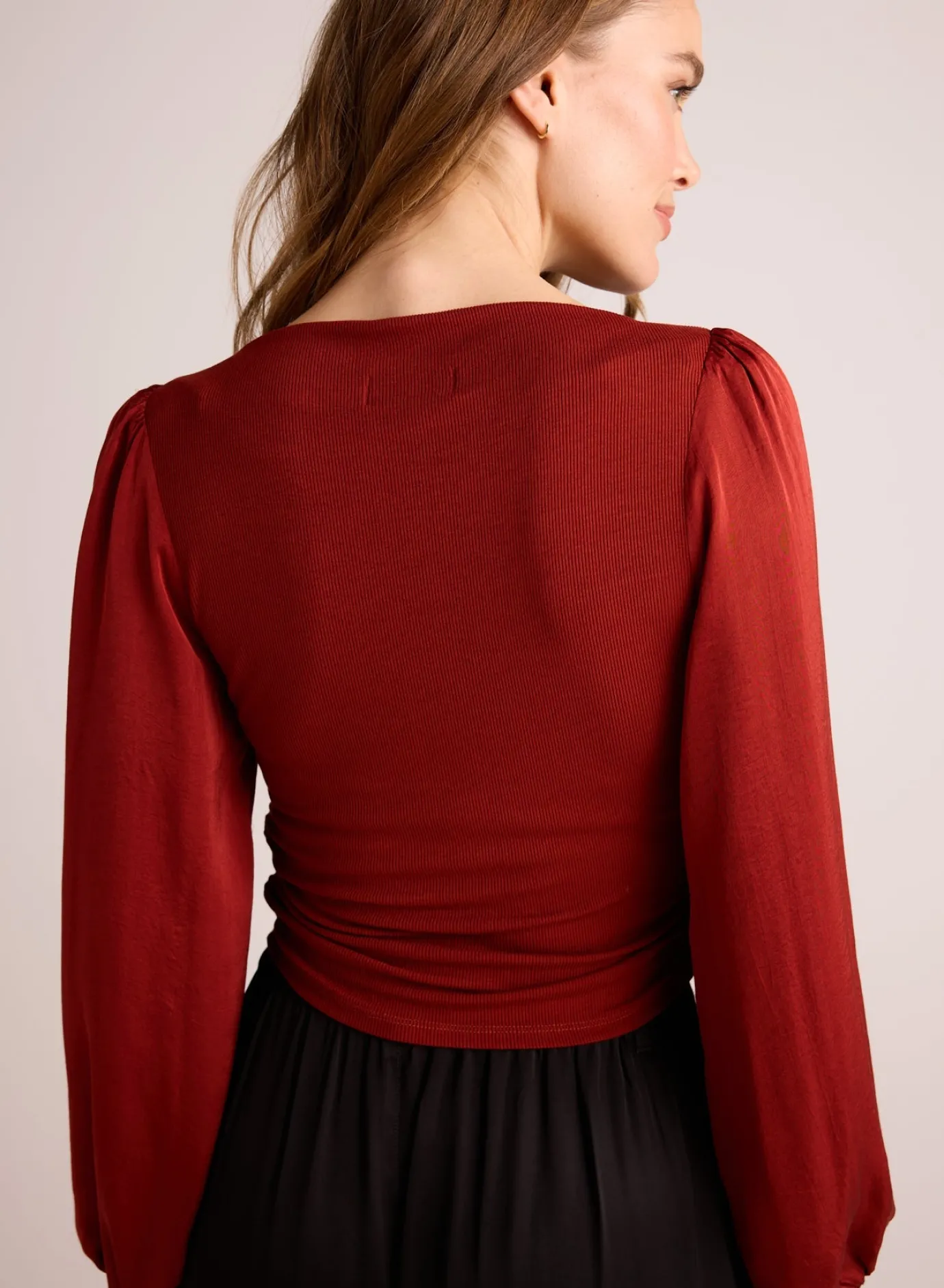 Bella Dahl Ruched Waist Flowy Sleeve Top - Rustic Red- Long Sleeve