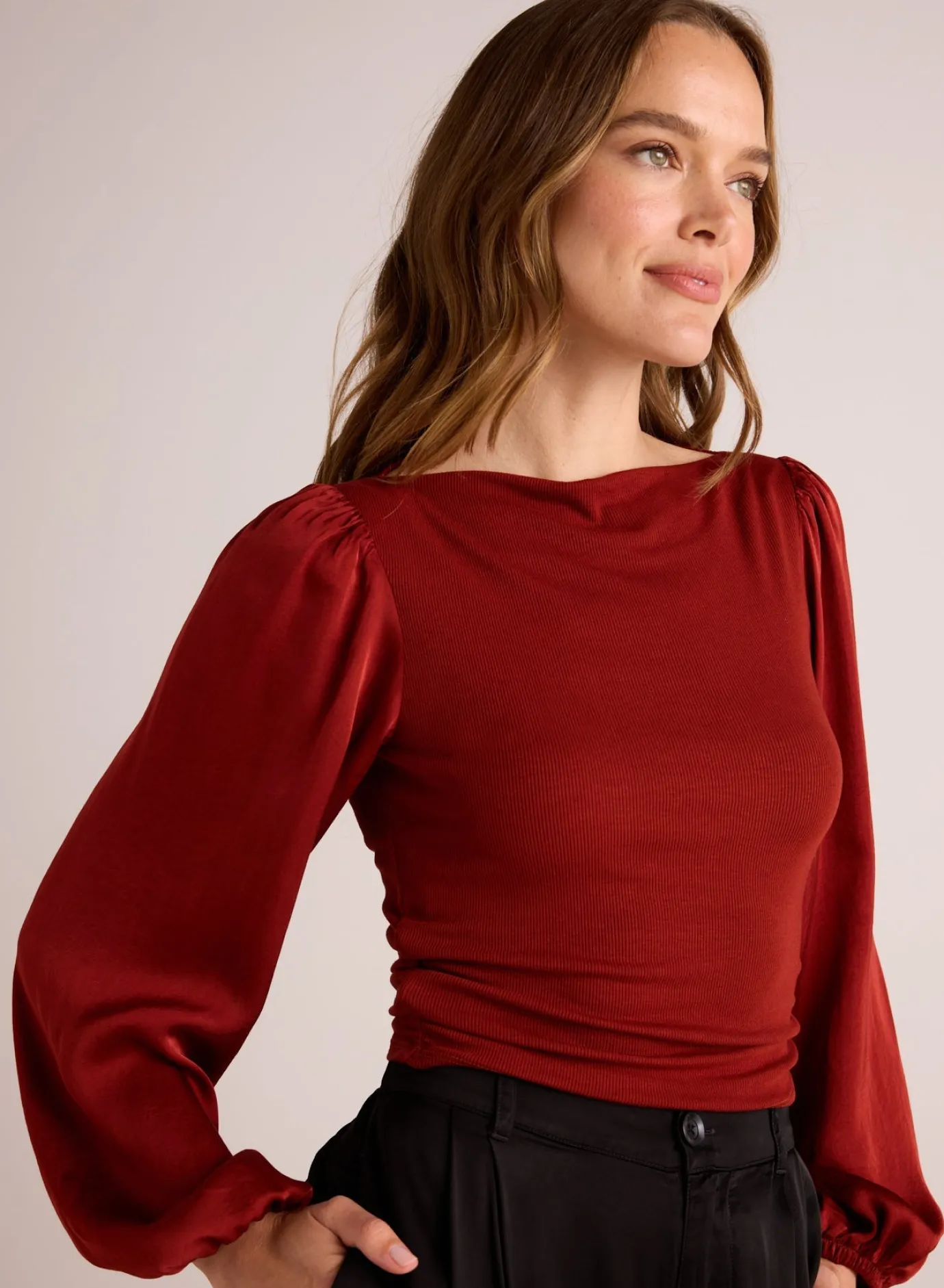 Bella Dahl Ruched Waist Flowy Sleeve Top - Rustic Red- Long Sleeve