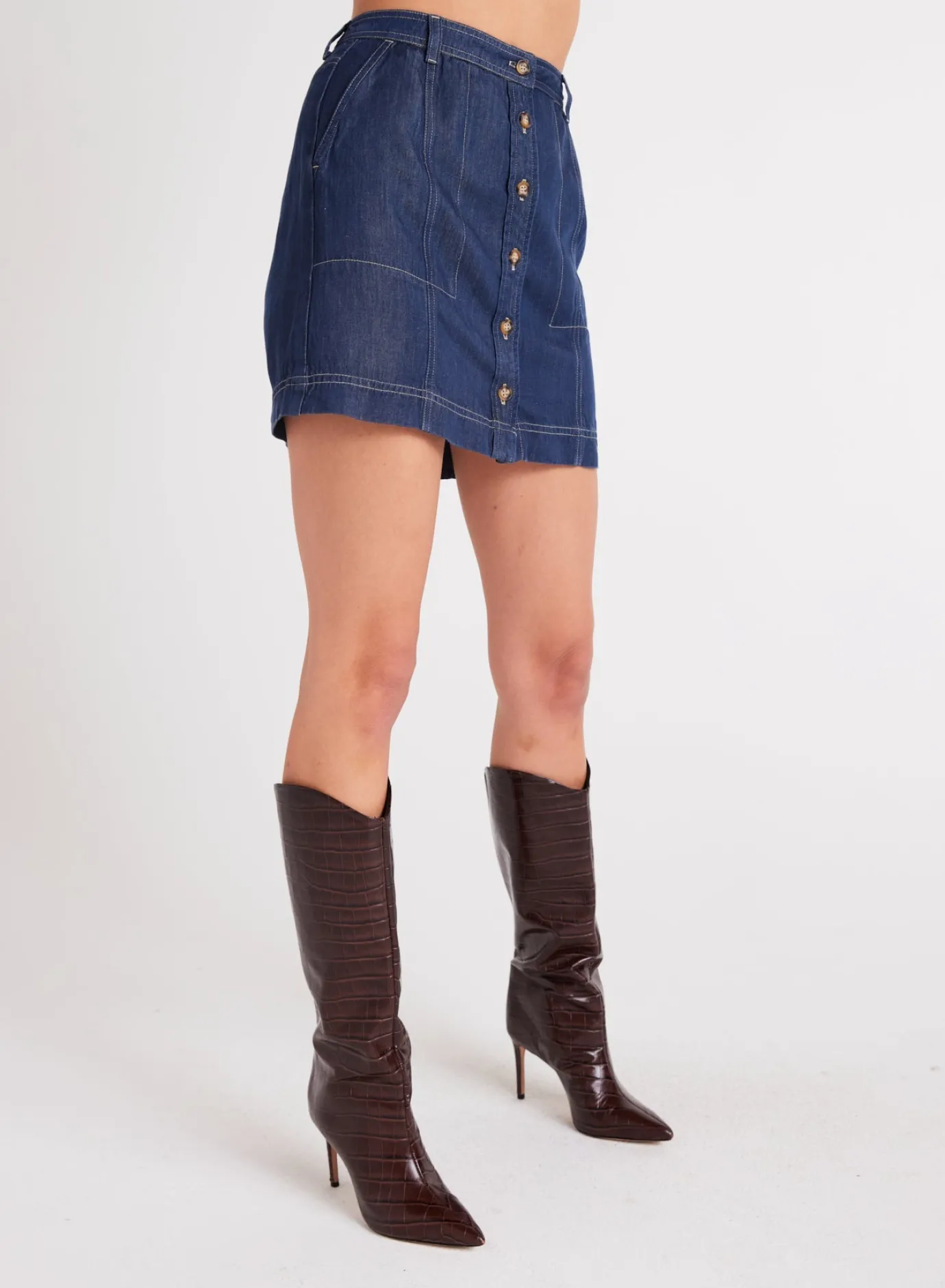 Bella Dahl Seamed Button Front Skirt - Dark Denim- Skirts