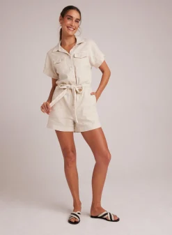 Bella Dahl Searose Rolled Romper with Belt - Samba Sand- Rompers & Jumpsuits