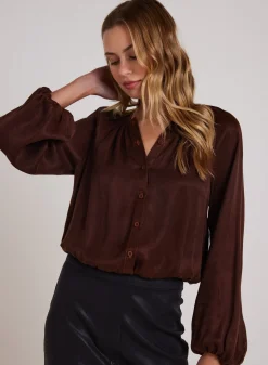 Bella Dahl Shirred Button Front Blouse - Mahogany Brown- Long Sleeve