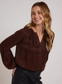 Bella Dahl Shirred Button Front Blouse - Mahogany Brown- Long Sleeve