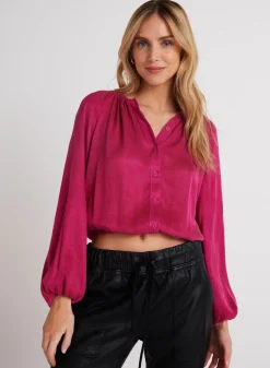 Bella Dahl Shirred Button Front Blouse - Fuchsia Berry- Long Sleeve
