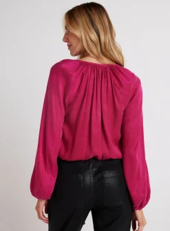 Bella Dahl Shirred Button Front Blouse - Fuchsia Berry- Long Sleeve