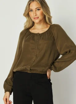 Bella Dahl Shirred Button Front Blouse - Autumn Olive- Long Sleeve