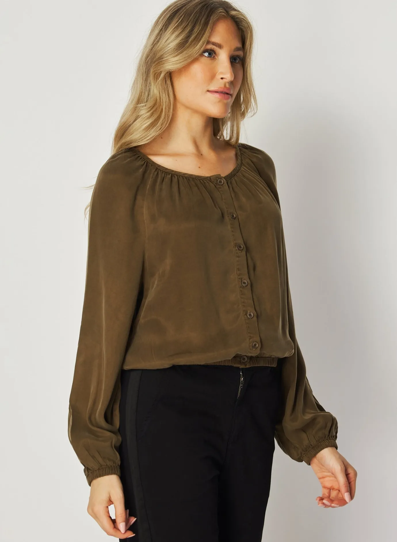 Bella Dahl Shirred Button Front Blouse - Autumn Olive- Long Sleeve