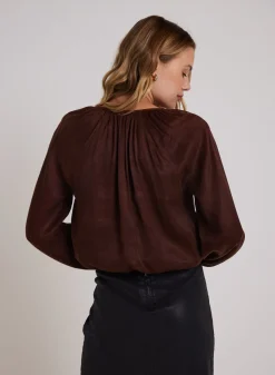Bella Dahl Shirred Button Front Blouse - Mahogany Brown- Button Down