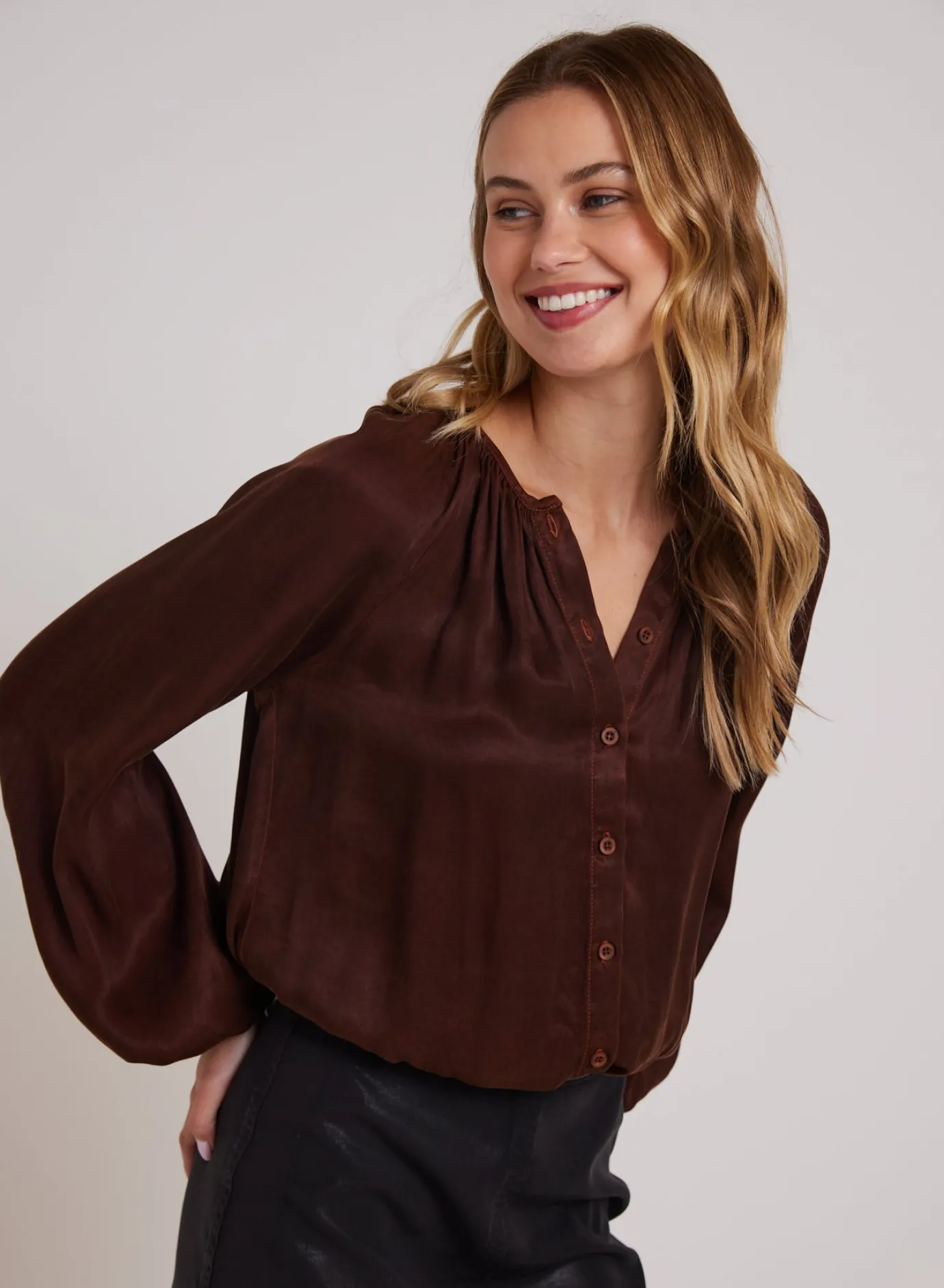 Bella Dahl Shirred Button Front Blouse - Mahogany Brown- Button Down