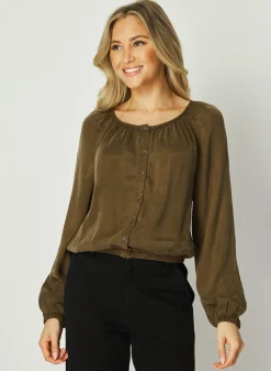 Bella Dahl Shirred Button Front Blouse - Autumn Olive- Button Down