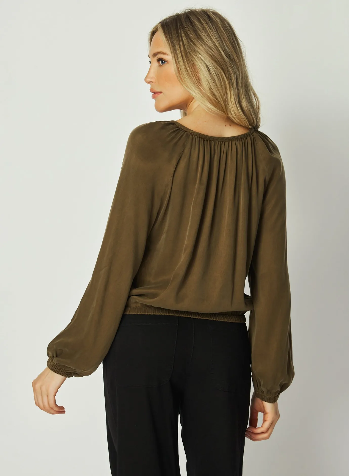 Bella Dahl Shirred Button Front Blouse - Autumn Olive- Button Down