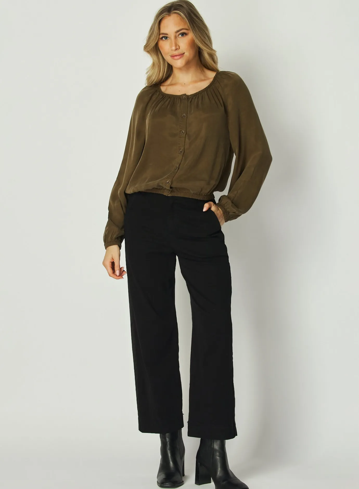 Bella Dahl Shirred Button Front Blouse - Autumn Olive- Button Down