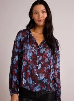 Bella Dahl Shirred Neck Blouse - Berry Bloom Print- Long Sleeve