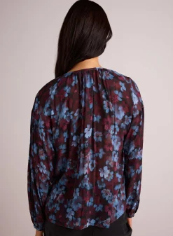 Bella Dahl Shirred Neck Blouse - Berry Bloom Print- Long Sleeve