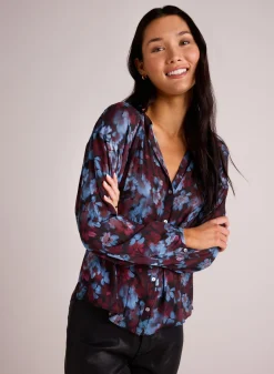Bella Dahl Shirred Neck Blouse - Berry Bloom Print- Long Sleeve