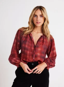 Bella Dahl Shirred Neck Blouse - Blurred Plaid Print- Long Sleeve