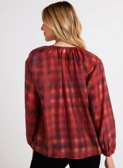 Bella Dahl Shirred Neck Blouse - Blurred Plaid Print- Long Sleeve