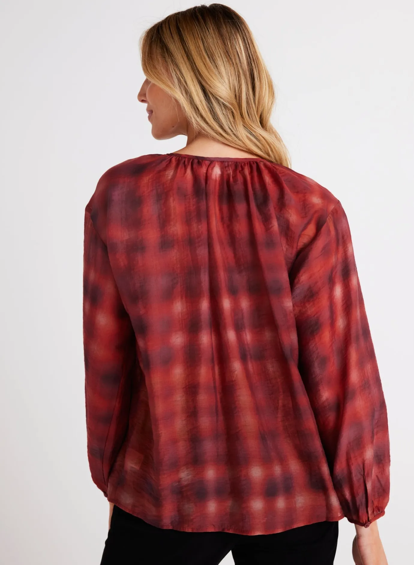 Bella Dahl Shirred Neck Blouse - Blurred Plaid Print- Button Down