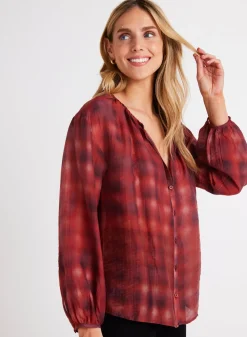 Bella Dahl Shirred Neck Blouse - Blurred Plaid Print- Button Down