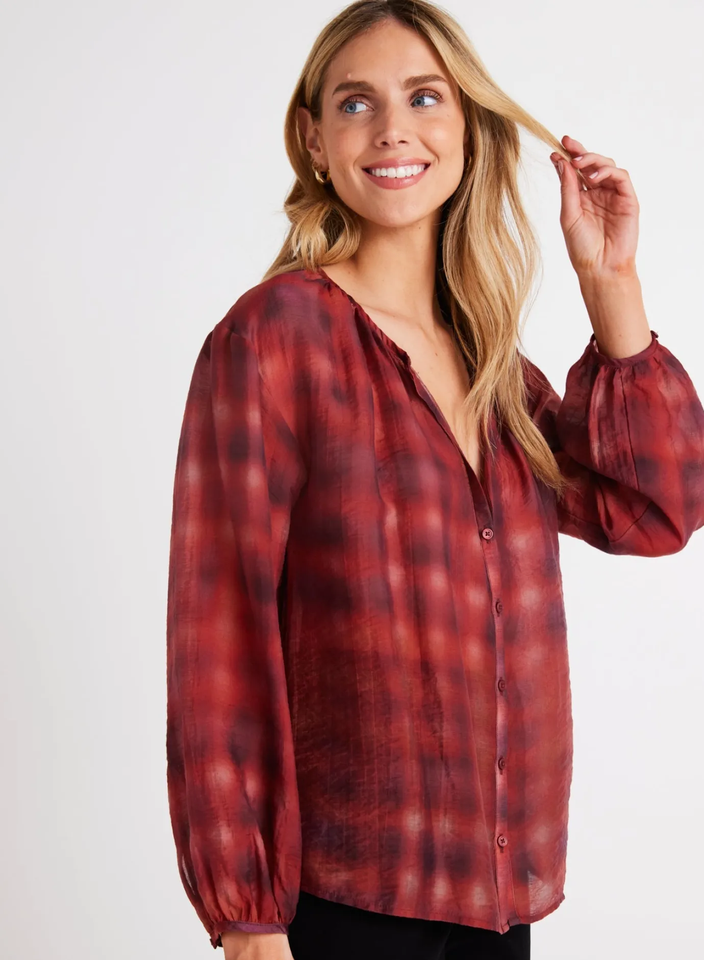 Bella Dahl Shirred Neck Blouse - Blurred Plaid Print- Button Down