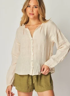 Bella Dahl Shirred Neck Blouse - Samba Tan- Long Sleeve