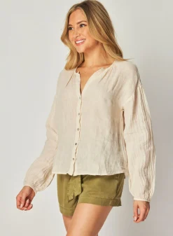 Bella Dahl Shirred Neck Blouse - Samba Tan- Long Sleeve