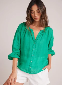 Bella Dahl Shirred Neck Blouse - Tropical Green- Long Sleeve