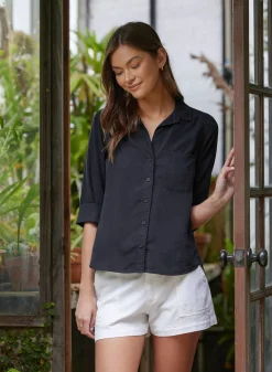 Bella Dahl Shirt Tail Button Down - Vintage Black- Essentials Tops