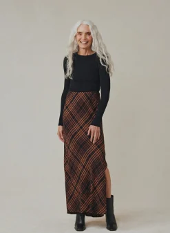 Bella Dahl Side Slit Bias Maxi Skirt - Autumn Ember Plaid- Skirts