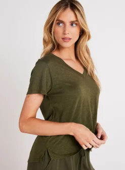 Bella Dahl Side Slit V-Neck Tee - Italian Herb- Short Sleeve