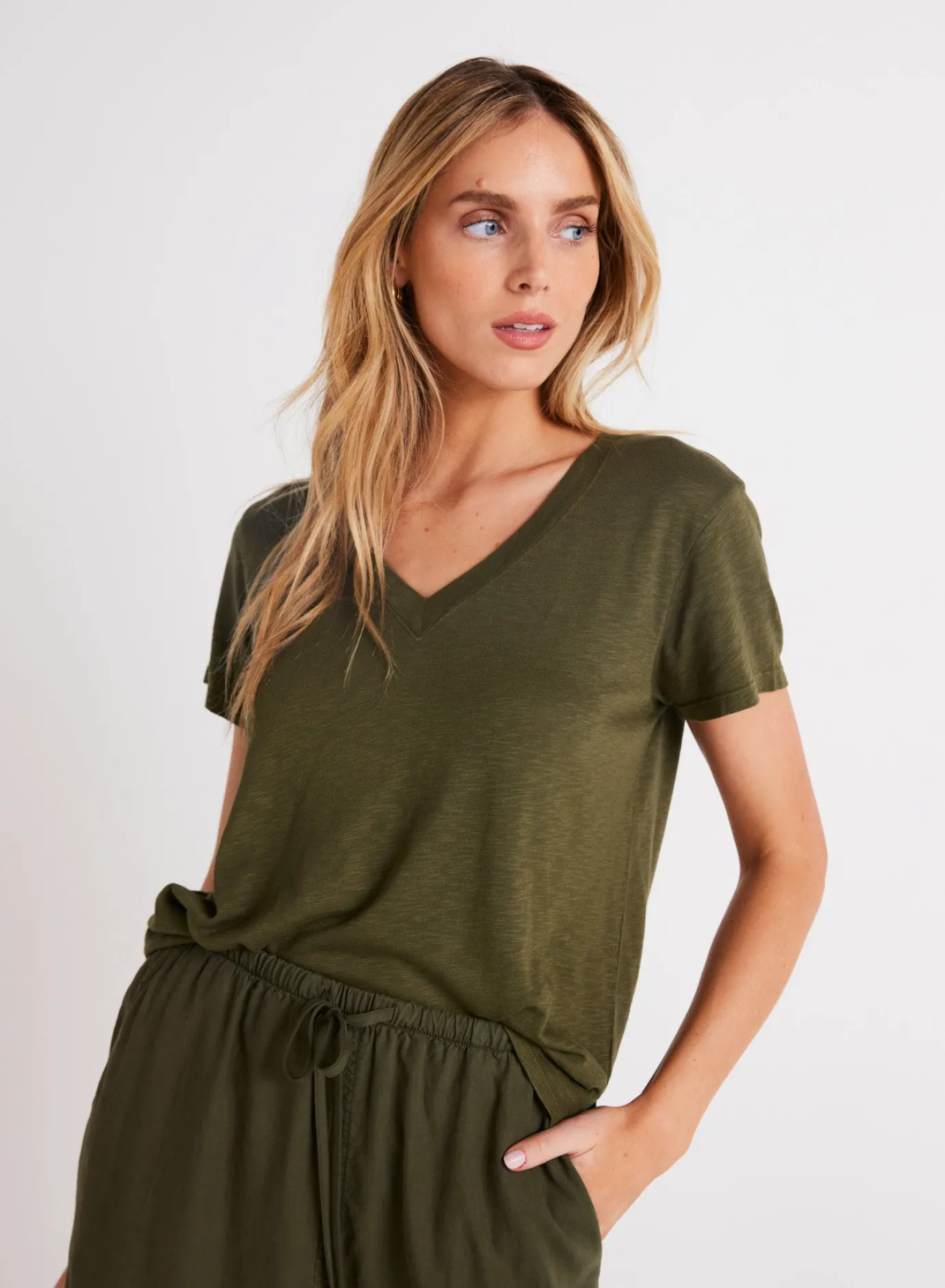 Bella Dahl Side Slit V-Neck Tee - Italian Herb- Essentials Tops