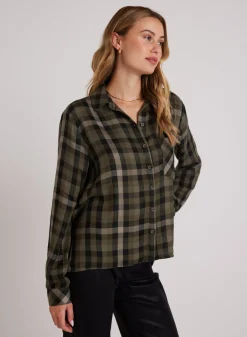 Bella Dahl Slouchy Pocket Button Down - Olive Plaid- Long Sleeve