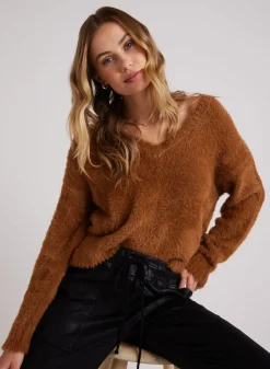 Bella Dahl Slouchy V-Neck Fuzzy Sweater - Twilight Gold- Seasonal Essentials