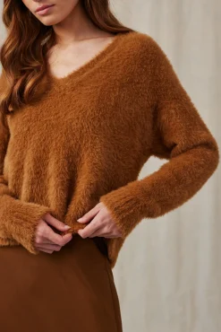 Bella Dahl Slouchy V-Neck Fuzzy Sweater - Twilight Gold- Seasonal Essentials