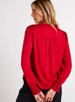 Bella Dahl Smocked Cuff Button Down - Cherry Red- Essentials Tops
