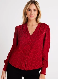 Bella Dahl Smocked Cuff Button Down - Garnet Red- Long Sleeve