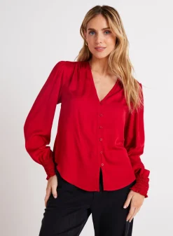 Bella Dahl Smocked Cuff Button Down - Cherry Red- Seasonal Essentials