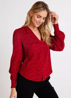 Bella Dahl Smocked Cuff Button Down - Garnet Red- Button Down