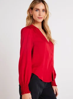 Bella Dahl Smocked Cuff Button Down - Cherry Red- Button Down