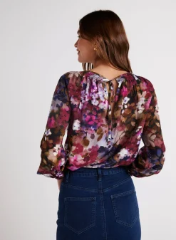 Bella Dahl Smocked Neck Raglan Sleeve Top - Twilight Fleur Print- Long Sleeve