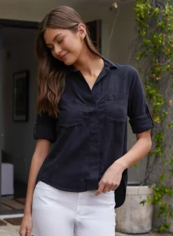Bella Dahl Split Back Button Down - Vintage Black- Essentials Tops
