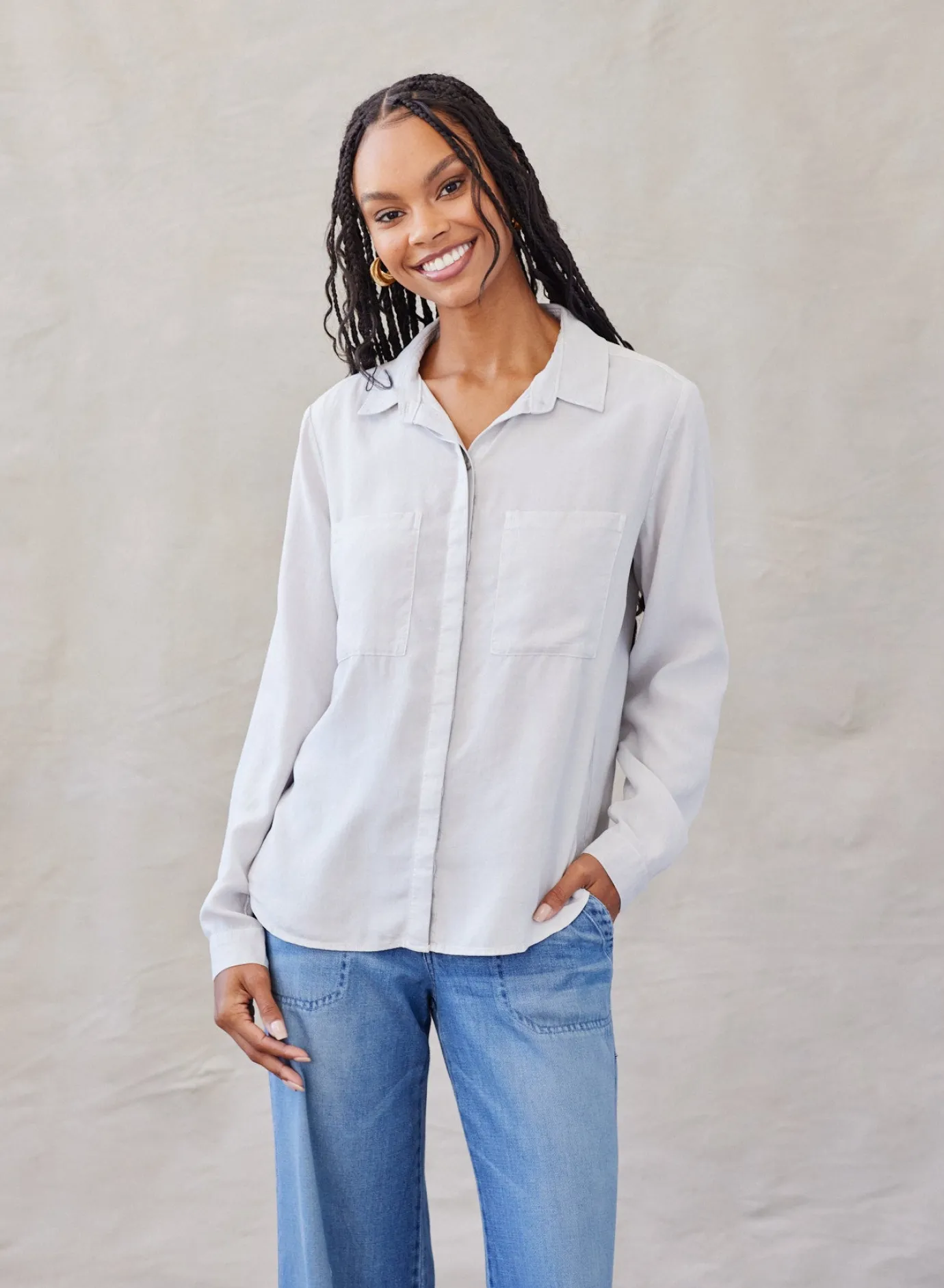 Bella Dahl Two Pocket Classic Button Down - Foggy Sky- Long Sleeve