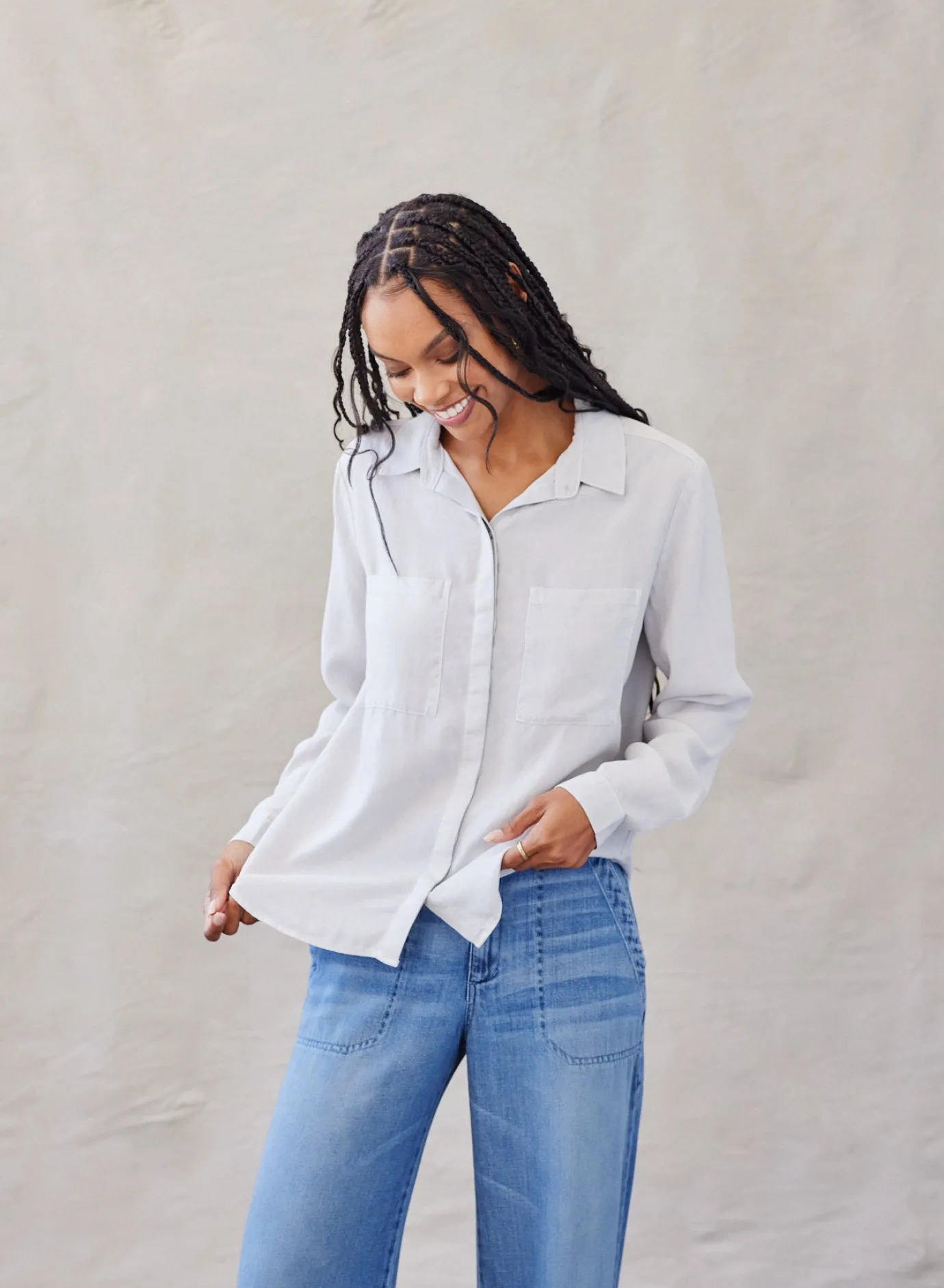 Bella Dahl Two Pocket Classic Button Down - Foggy Sky- Long Sleeve